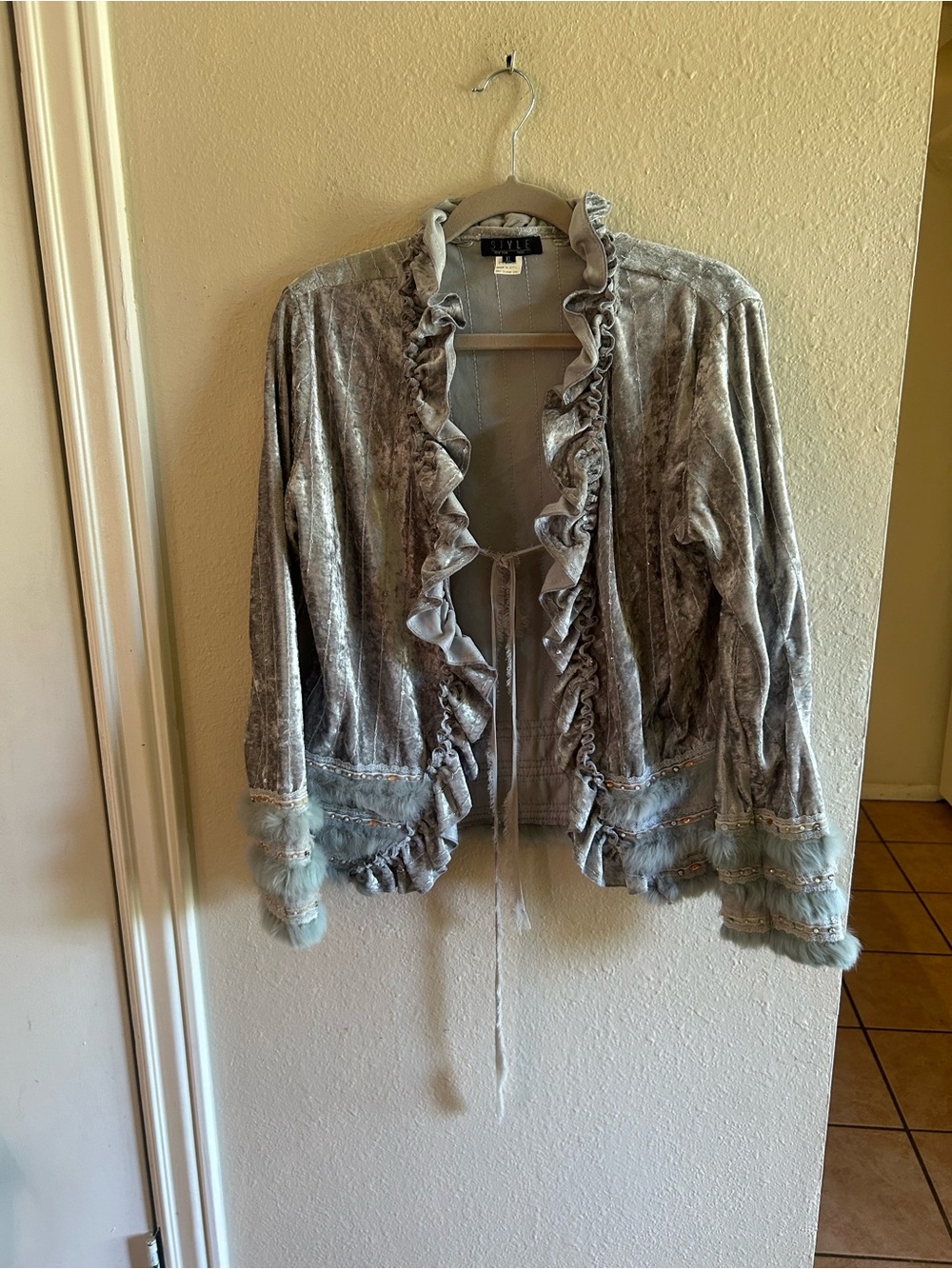 Vintage Y2K Ruffled Silver Velvet Jacket with Sequined beaded Designer Faux Fur